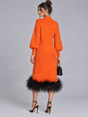 Casual Feather Trim Mock Neck Sweater Midi Dress