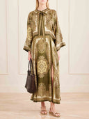 Retro Paisley Print Tie-Neck Side Slit Maxi Dress