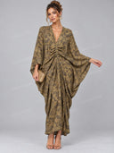 Retro Floral Print Ruched Batwing Sleeve Maxi Dress