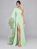 Elegant Feather Trim One Shoulder Slit Maxi Dress