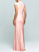 Elegant High-Neck Cap Sleeve Ruched Satin Maxi Dress