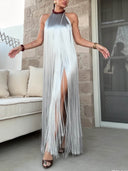 Elegant Silver Fringe Halter Maxi Dress