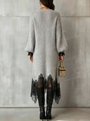 Lace Trim V-Neck Sweater Maxi Dress