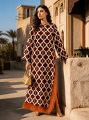 Exquisite Printed Feather-Trim Side-Slit Maxi Dress