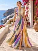 Elegant Abstract Watercolor Print Ruched Waist Maxi Dress