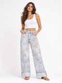 Floral Print Wide Leg Cuffed Jeans