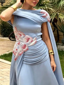 Elegant Draped Floral Applique Cape Chiffon Maxi Dress