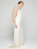 Elegant Satin Halter Feather-Trim Maxi Dress