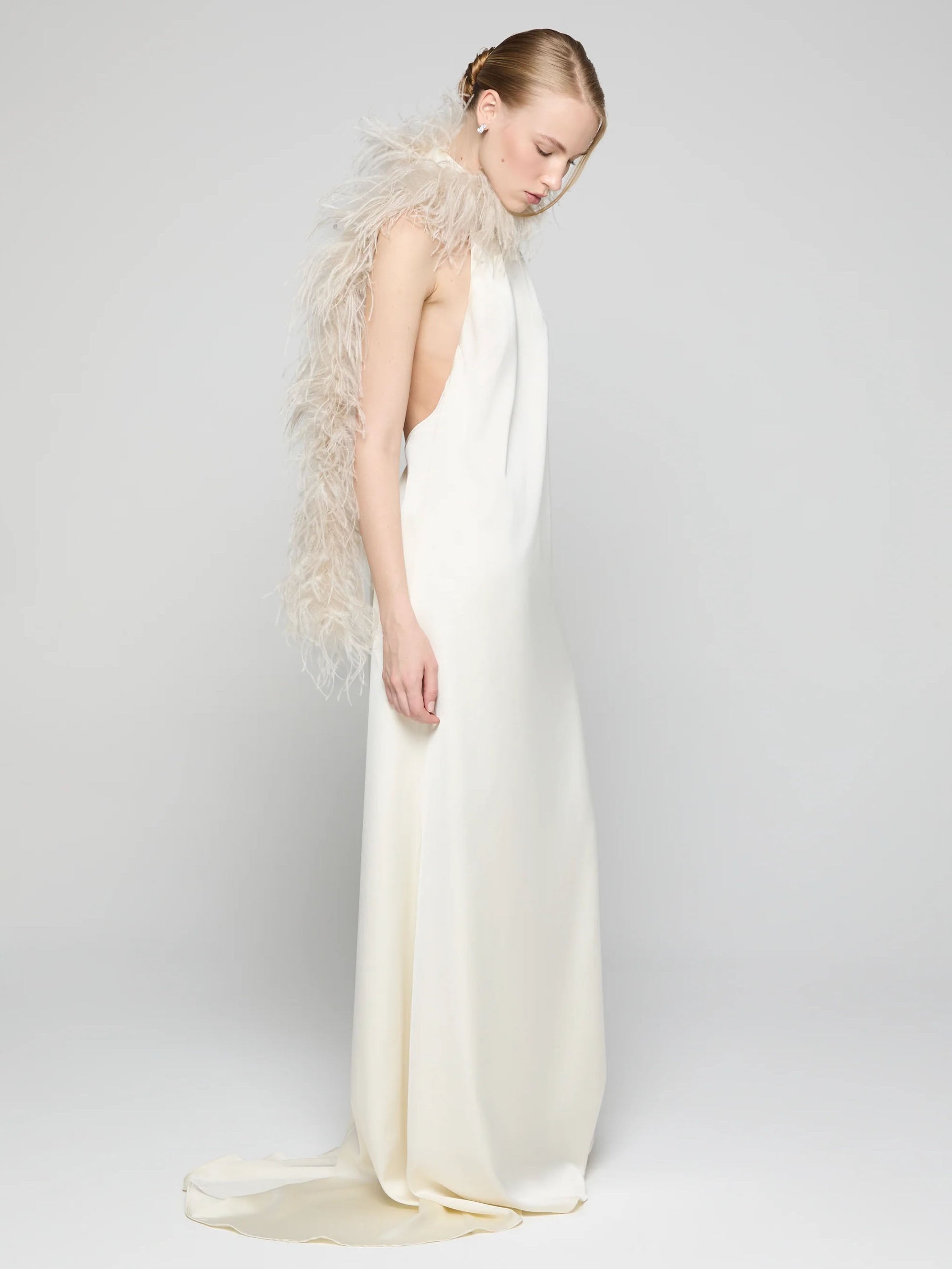 Elegant Satin Halter Feather-Trim Maxi Dress