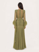 Elegant V-Neck Feather Cuff Flowing Chiffon Maxi Dress