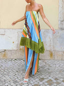 Colorful Striped Fringe Strapless Maxi Dress