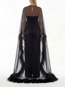 Elegant Feather Trim Chiffon Shawl Black Satin Maxi Dress