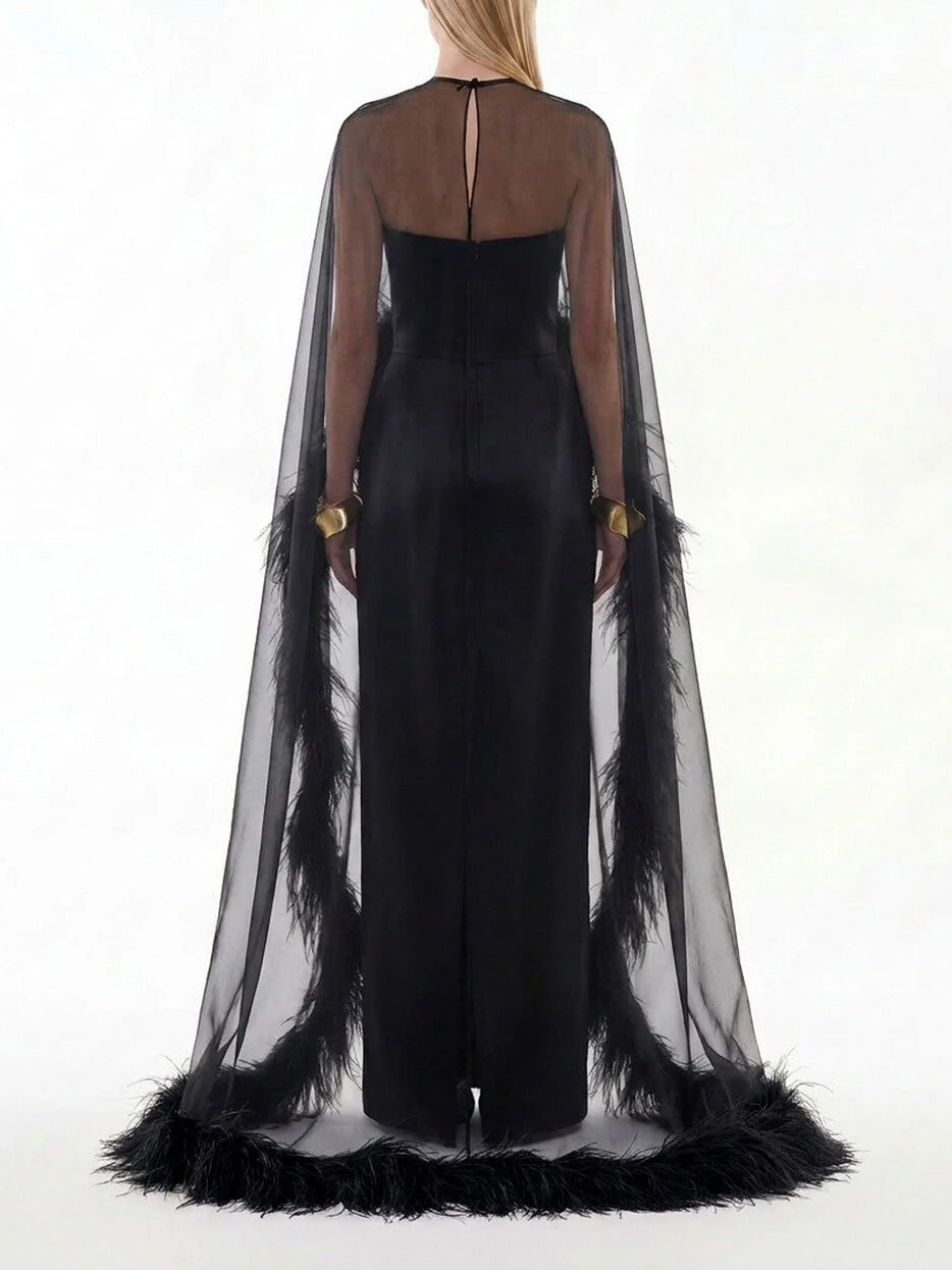Elegant Feather Trim Chiffon Shawl Black Satin Maxi Dress