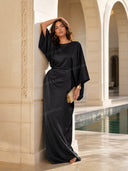 Elegant Black Satin Pleated Batwing Sleeve Maxi Dress