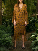 Exquisite Floral V-Neck Asymmetric Midi Dress