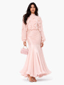 Elegant Ruffle Top & Ruched Mermaid Maxi Skirt Two-Piece Set