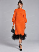 Casual Feather Trim Mock Neck Sweater Midi Dress