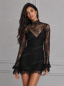 Sexy Sheer Lace Long Sleeve Mini Dress