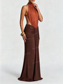 Elegant Ruched Halter Neck Cutout Maxi Dress