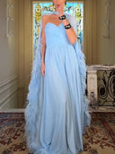 Chiffon Feather‑Trim Cape Evening Maxi Dress