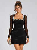 Elegant Crystal-embellished Mesh Sleeve Mini Dress