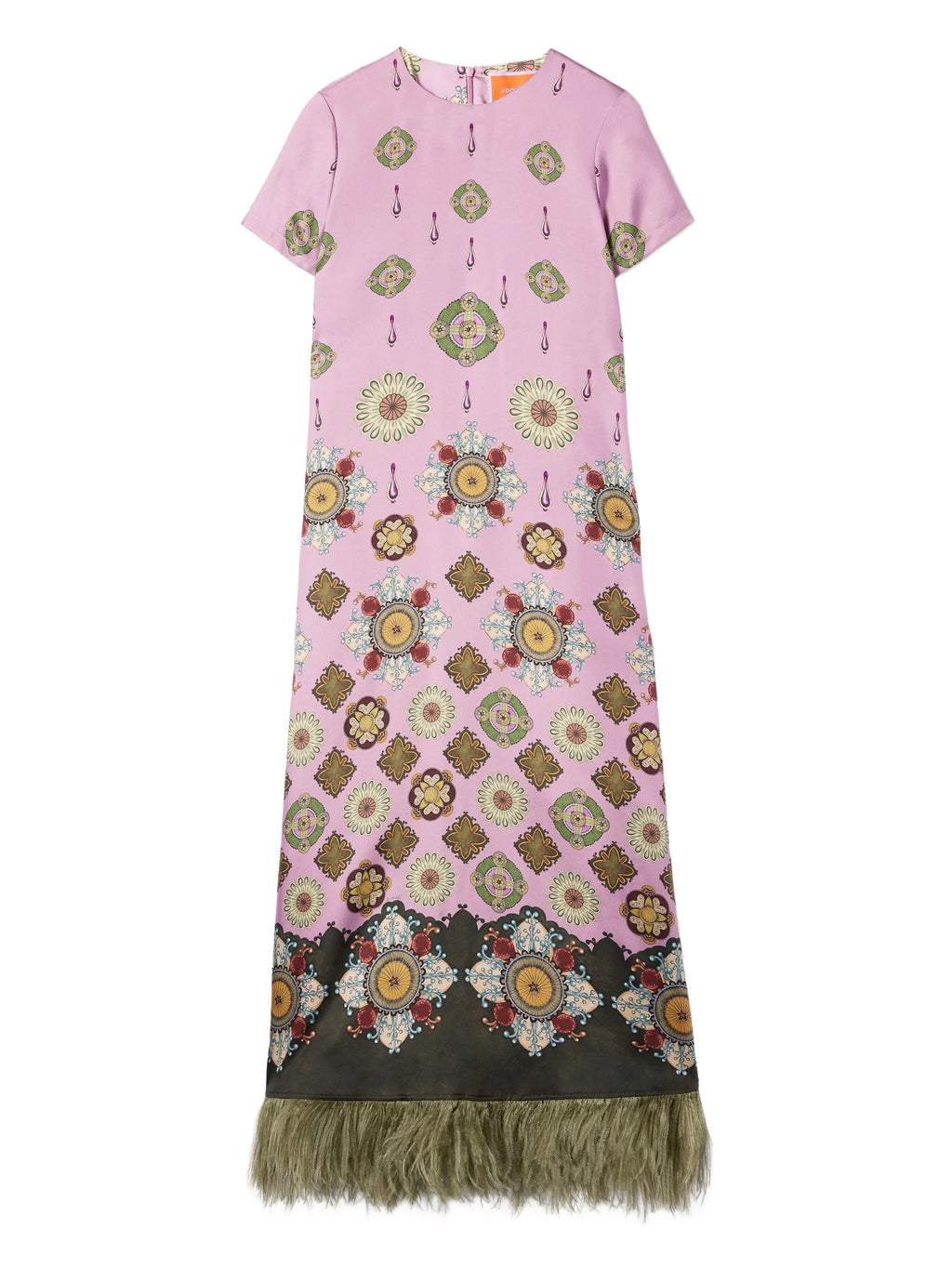 Boho Baroque Print Feather Trim Maxi Dress
