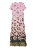 Boho Baroque Print Feather Trim Maxi Dress