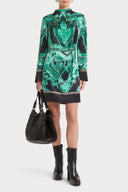 Baroque Print Mock Neck Silk Mini Dress