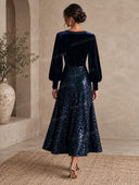 Elegant Sequin Velvet V-Neck Long Sleeve Midi Dress