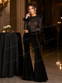 Elegant Lace Feather Trim Velvet Flare Jumpsuit