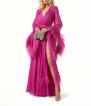 Elegant V-Neck Feather Cuff Flowing Chiffon Maxi Dress