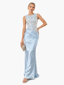 Elegant Blue Embroidery Satin Crew Neck Sleeveless Sheath Maxi Dress