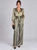 Elegant Satin Cropped Blazer & Striped Wide Leg Pants Set