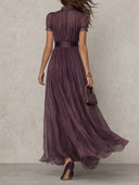 Elegant Lace Trim Pleated Chiffon Maxi Dress