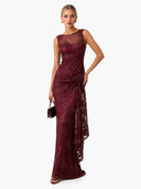 Elegant Floral Embroidered Mesh Ruched Maxi Dress