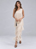 One Shoulder Tiered Fringe Maxi Dress
