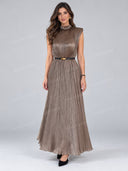 Elegant Pleated Mock Neck Relaxed Maxi Dress
