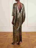 Elegant Leopard Sequin Kaftan Maxi Dress