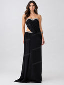 Elegant Rhinestone Trim Strapless Cutout Maxi Dress