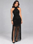 Elegant Crochet Halter Fringe Maxi Dress