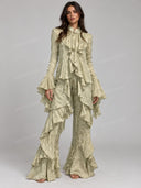 Elegant Ruffle Blouse & Flare Pants Two Piece Set