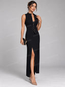 Elegant High Neck Belted Slit Maxi Dress