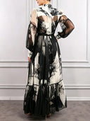 Elegant Abstract Floral Print Sheer Chiffon Maxi Dress