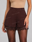 Elegant Lapel Blazer & Lace Trim Shorts Two Piece Set