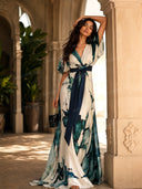 Elegant Watercolor Print V-Neck Flowing Maxi Dress