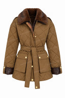 Quilted Faux Fur Collar Belted Jacket