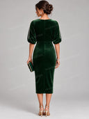 Pearl Trim Velvet V Neck Midi Dress