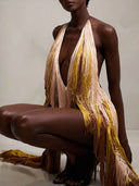 Elegant Gradient Tassel Halter Neck Deep-V Mini Dress