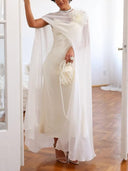 Elegant Satin and Sheer Chiffon Cape Maxi Dress
