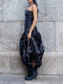 Elegan Strapless Floral Ruched Drop Waist Maxi Dress
